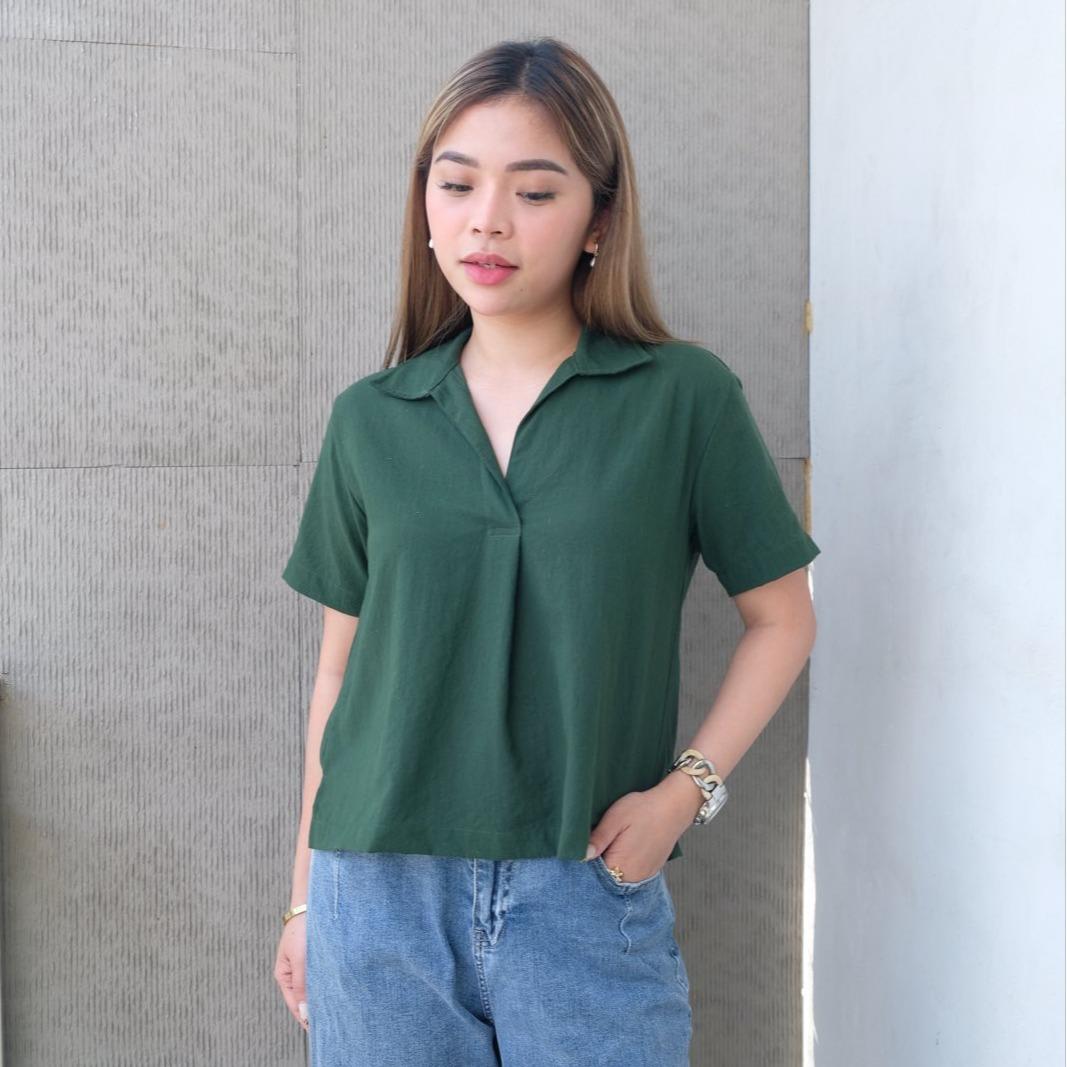 HTP Open Collar Linen Top For Women