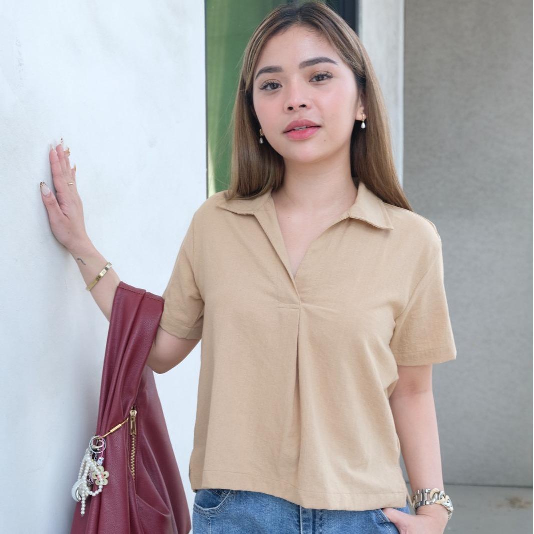 HTP Open Collar Linen Top For Women