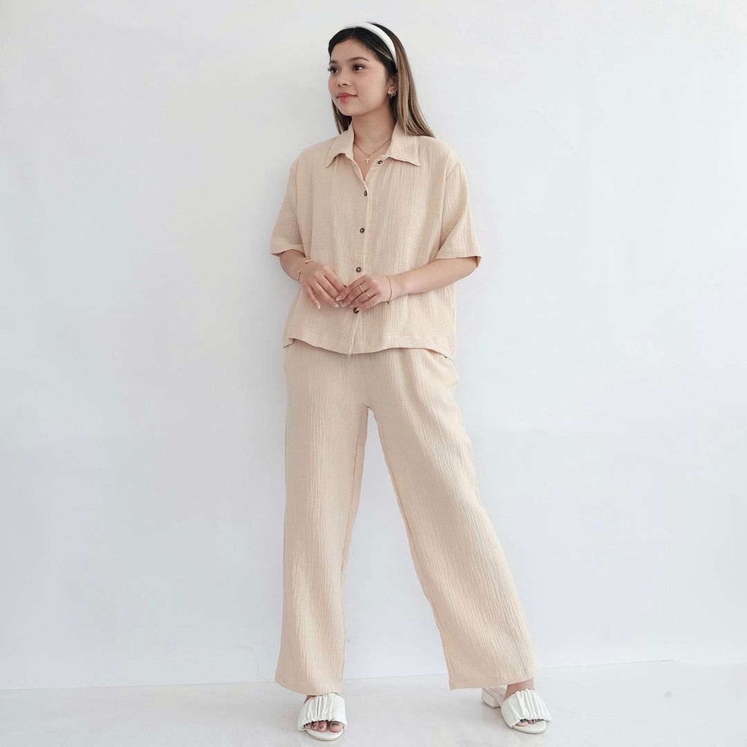 HTP Gauze Buttoned Polo Top and Pants Coordinates with Pocket