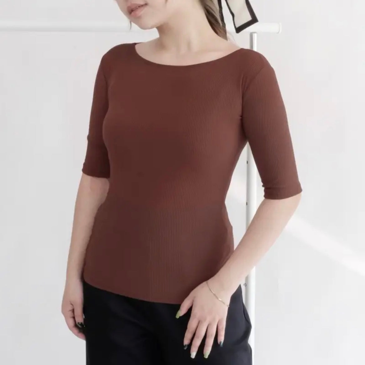 HTP Ribbed Boat Neck Sexy 3/4 Top for Womens