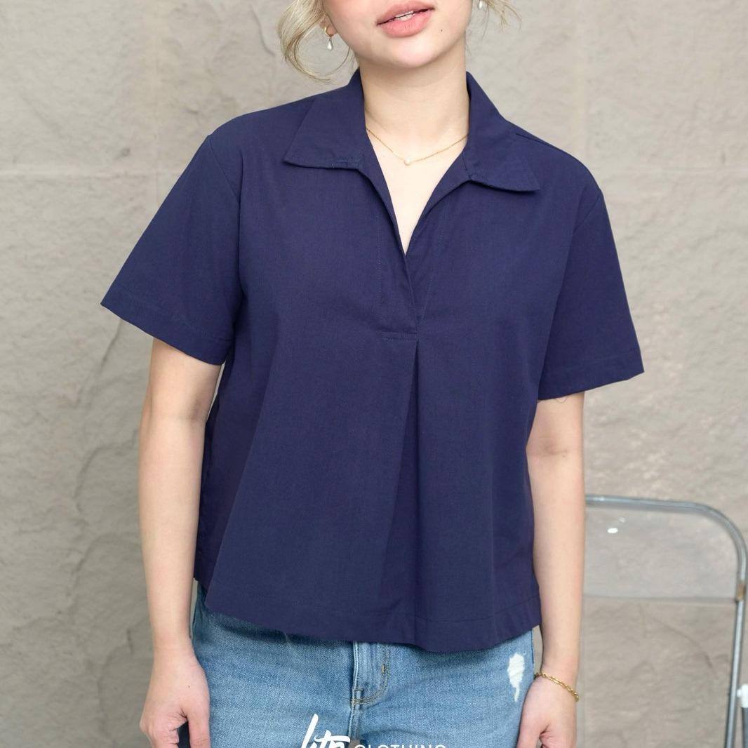 HTP Open Collar Linen Top For Women