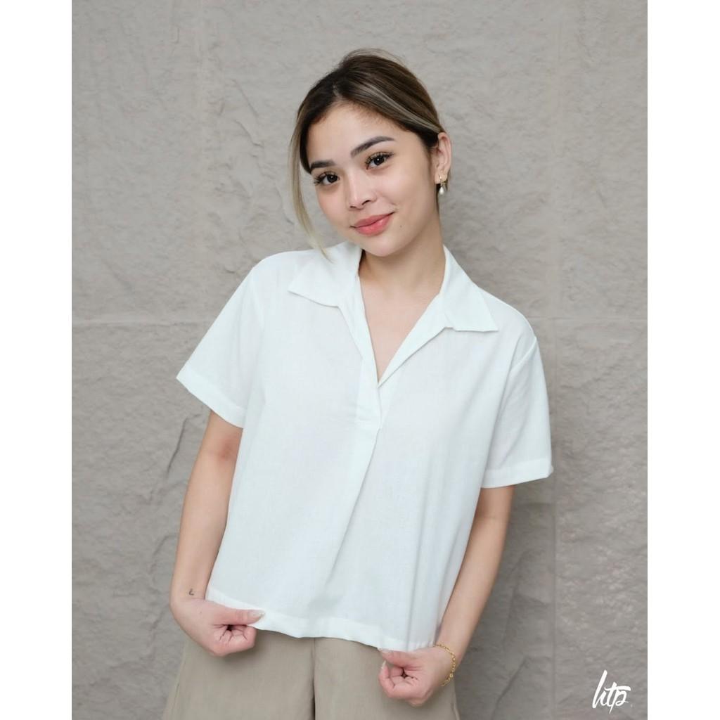 HTP Open Collar Linen Top For Women