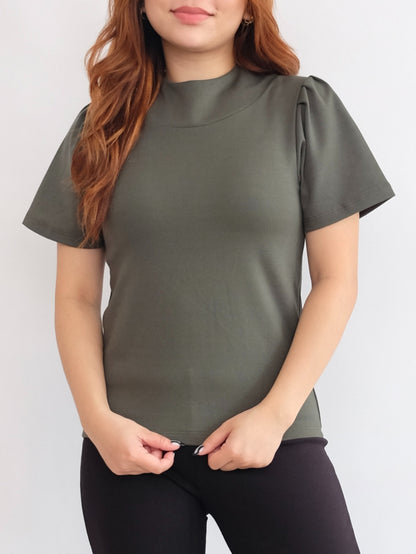 HTP Pleated Sleeves Mock Neck Top