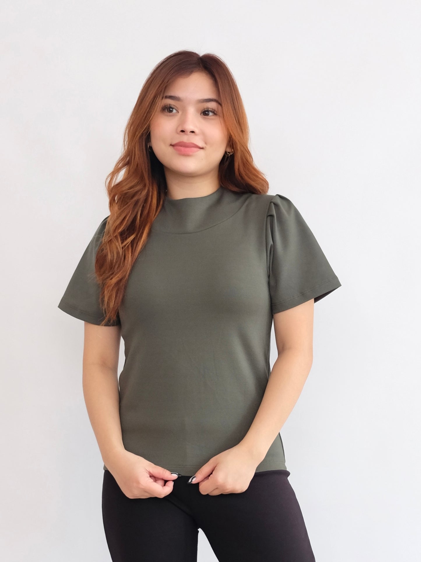 HTP Pleated Sleeves Mock Neck Top