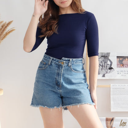 HTP Ribbed Boat Neck Sexy 3/4 Top For Women's