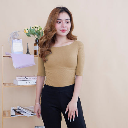 HTP Ribbed Boat Neck Sexy 3/4 Top For Women's
