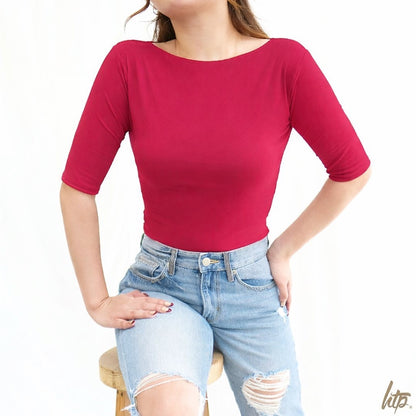 HTP Ribbed Boat Neck Sexy 3/4 Top For Women's