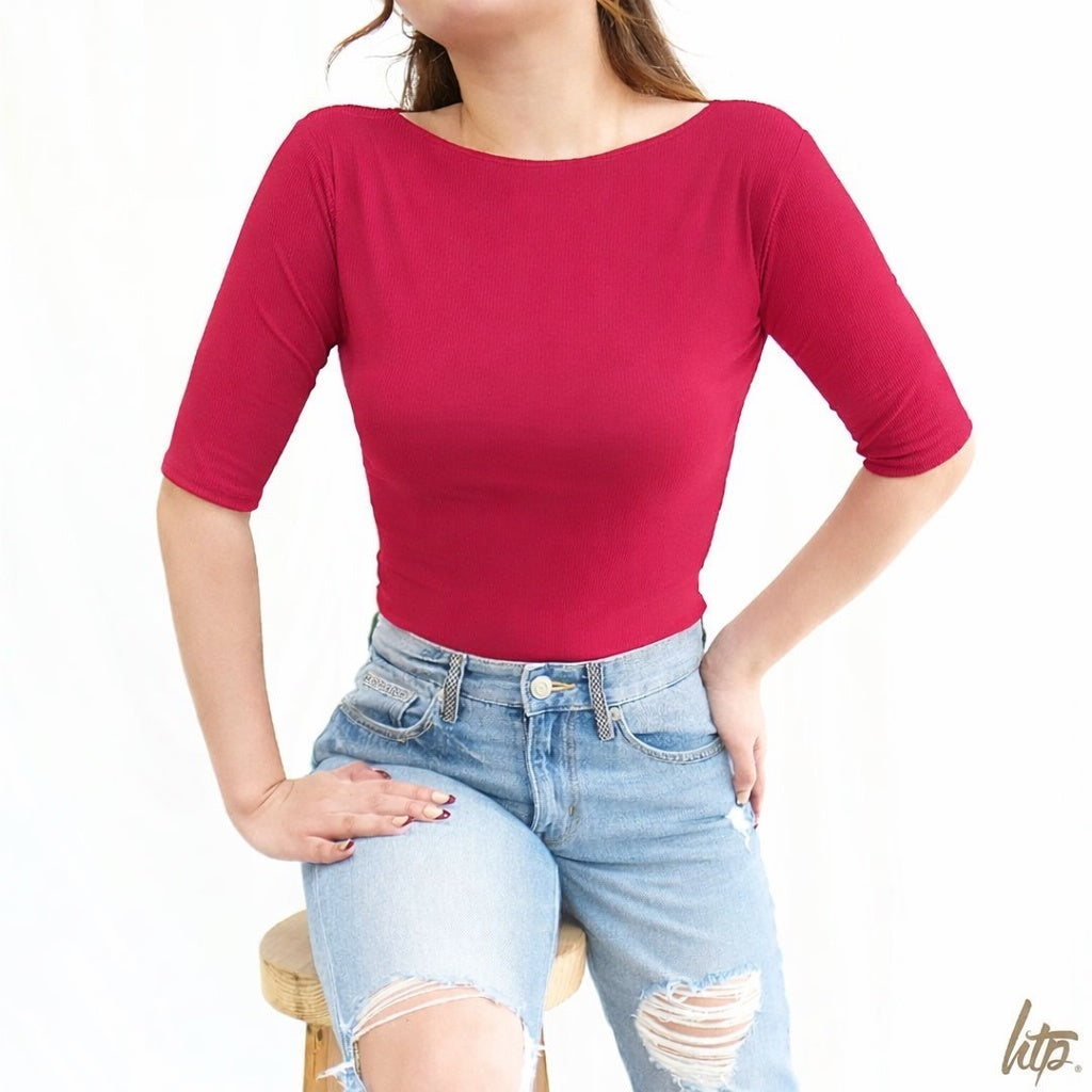 HTP Ribbed Boat Neck Sexy 3/4 Top For Women's
