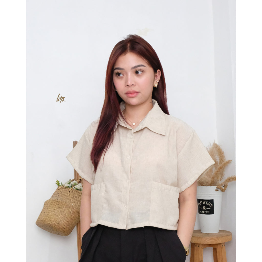 HTP Button Down Double Pocket Collared Top
