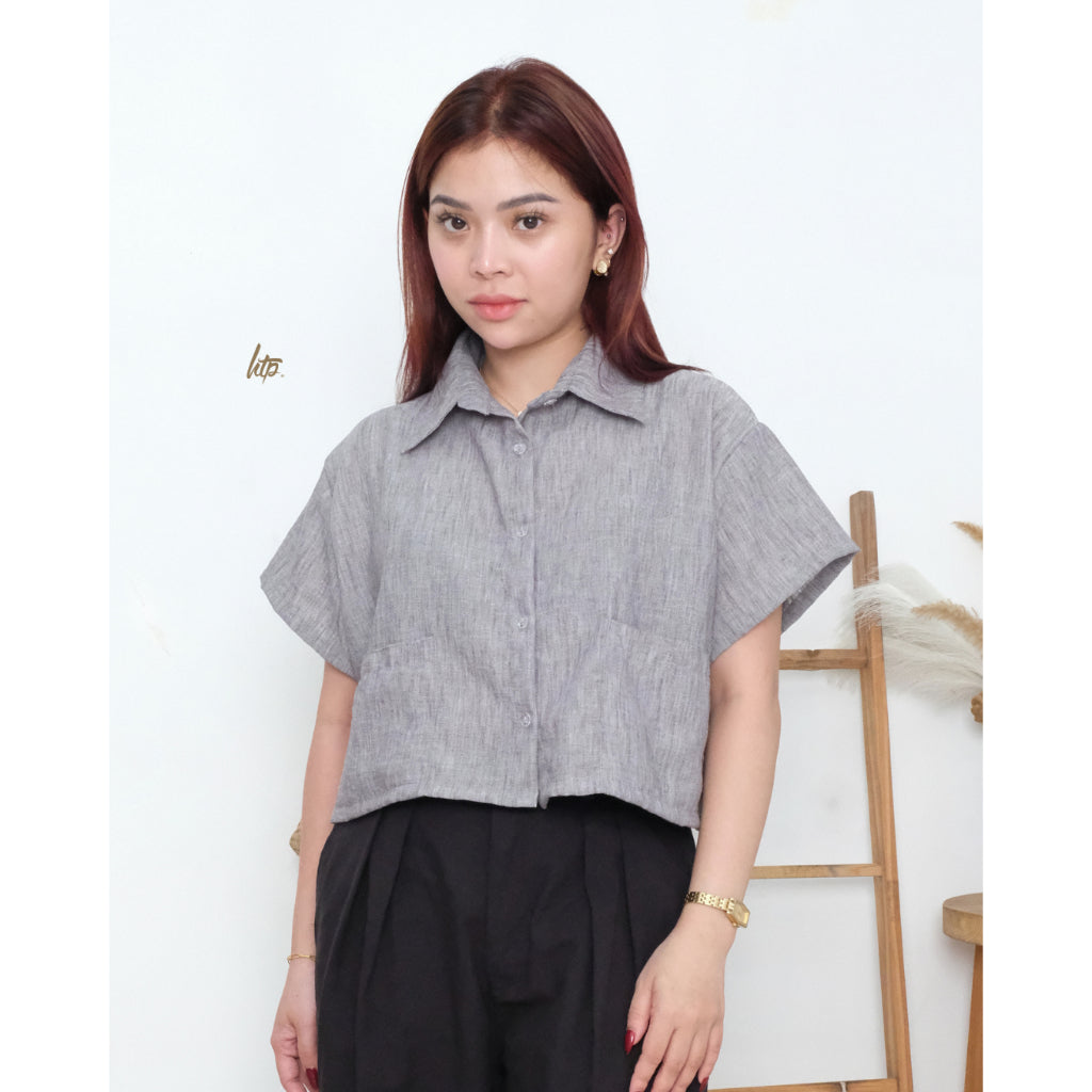 HTP Button Down Double Pocket Collared Top
