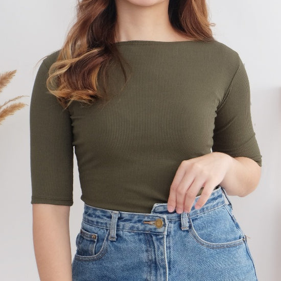 HTP Ribbed Boat Neck Sexy 3/4 Top For Women's