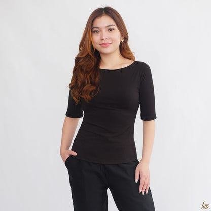 HTP Ribbed Boat Neck Sexy 3/4 Top For Women's