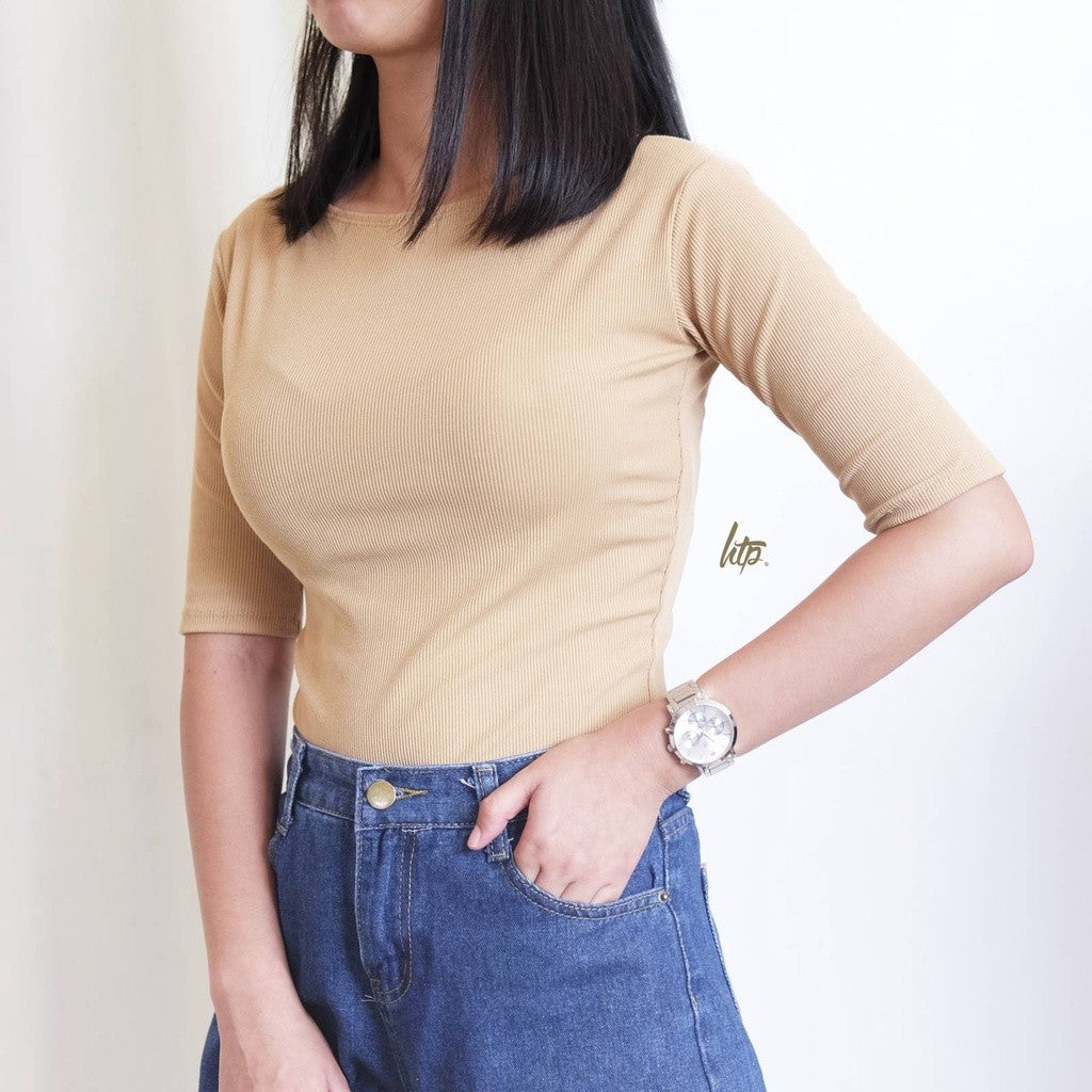 Htp Ribbed Boat Neck Sexy 3/4 Top For Women's