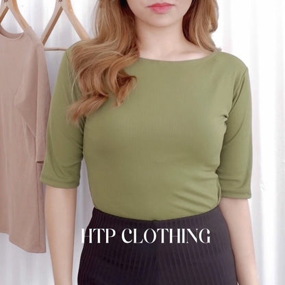 Htp Ribbed Boat Neck Sexy 3/4 Top For Women's