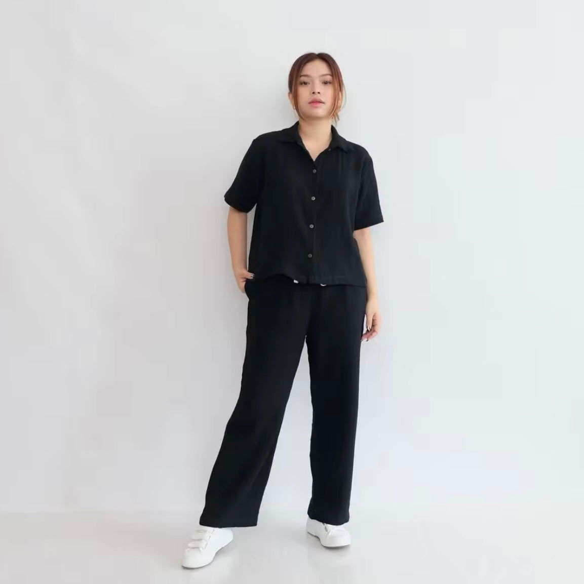 HTP Gauze Buttoned Polo Top and Pants Coordinates with Pocket
